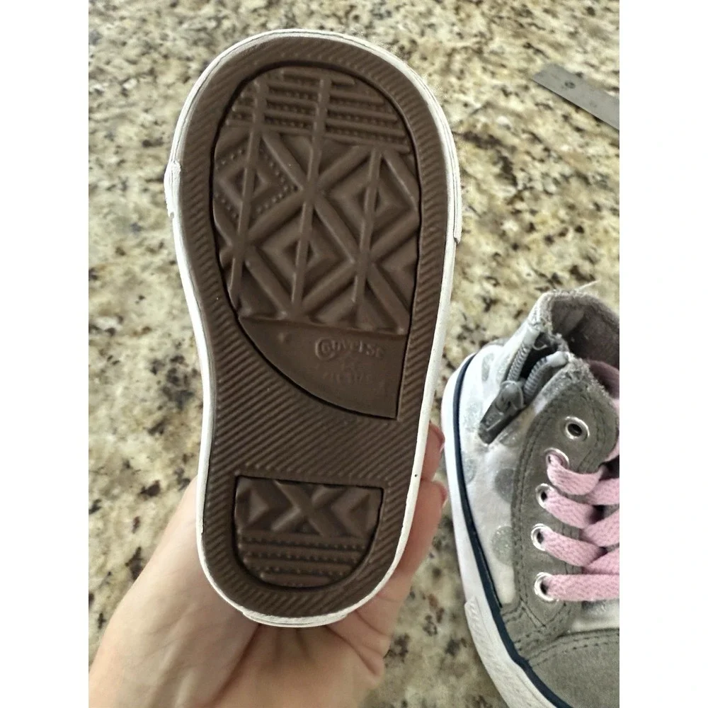 CONVERSE Infants Chuck Taylor Side Zip Hi Sneaker sz4 pink metallic silver‎ dots